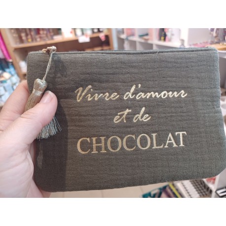 Pochette "Vivre d'amour et de chocolat" kaki