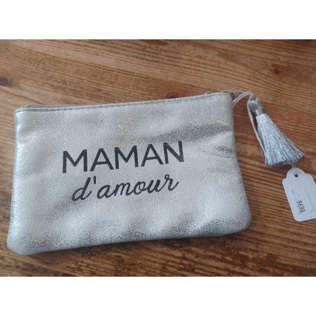 Zakje "Maman d'amour" glitter zilver